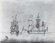 Francis Swaine A drawing of a small British Sixth-rate warship in two positions oil painting artist